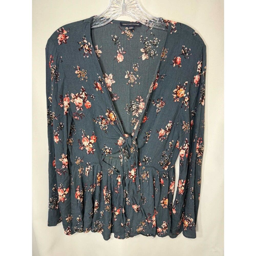 American Eagle Outfitters Women's Floral Long-Sleeve Top, Size Large Tie Front